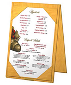 Table tents, including this elegant Bistro table tent, assist you in increasing your average ticket size.