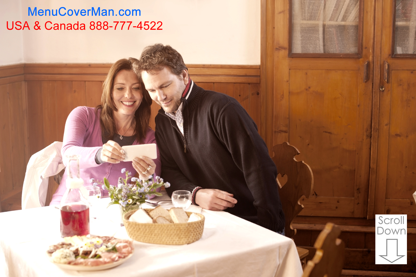 Happy couple ordering from the Pinehurst Menu Covers selection at Menucoverman.com.