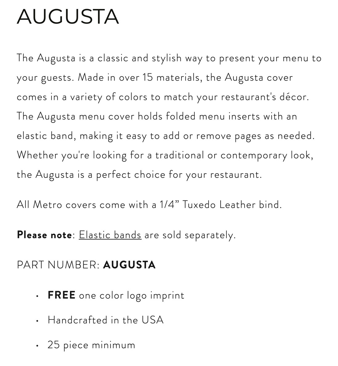 Augusta Menu Covers Generalized Description of many related products.