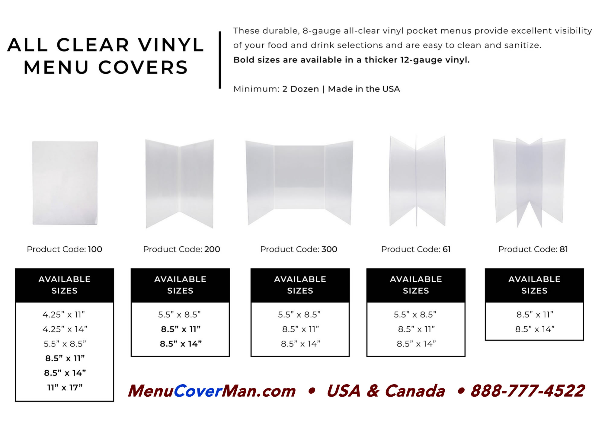 All clear vinyl menu covers various sizes.