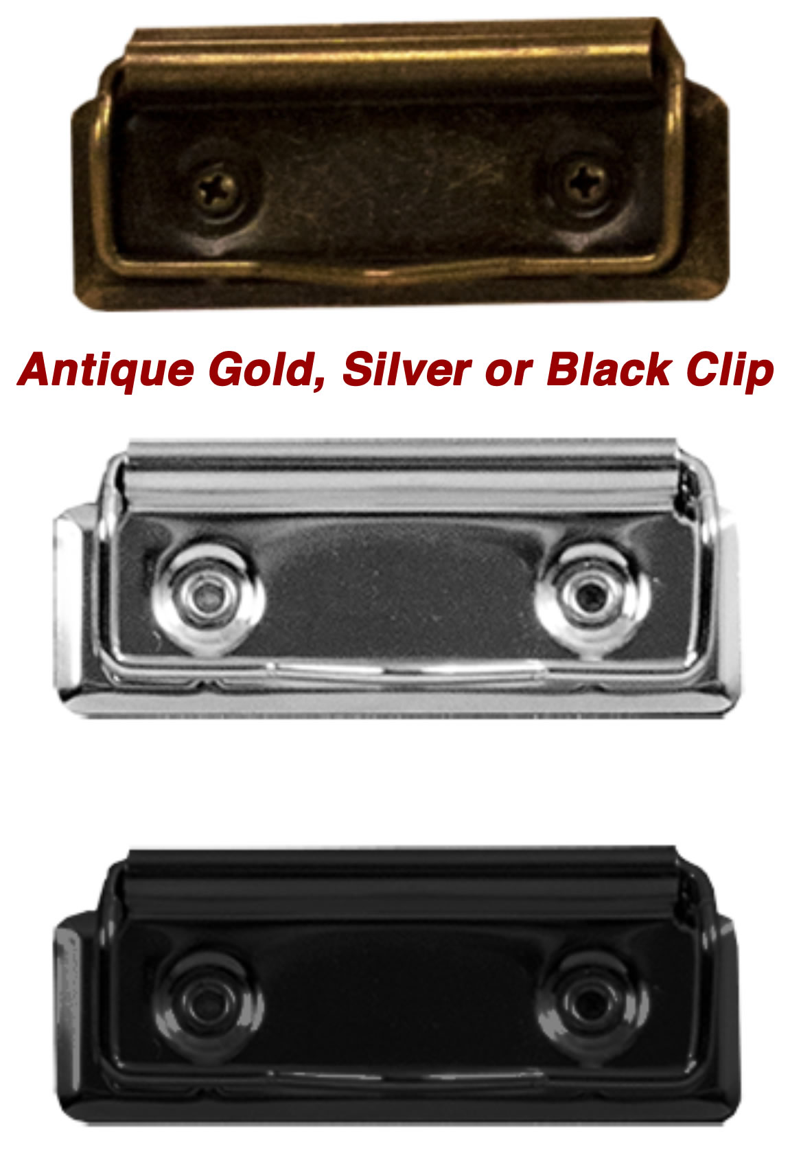 Antique gold, silver or black clips.