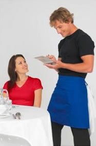 Short waist aprons for waiters and waitresses in restaurants.