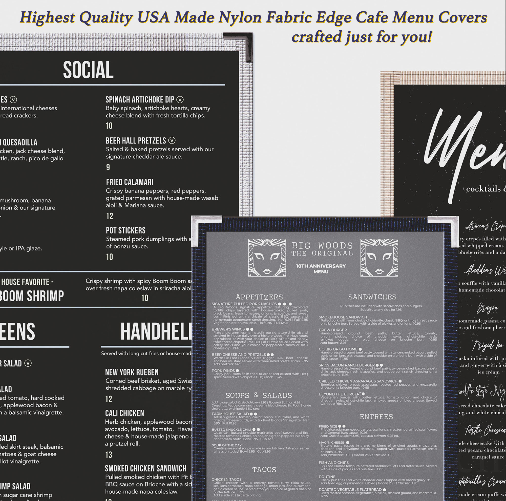 Highest Quality USA Made Menu Covers with a gorgeous fabric edge design.