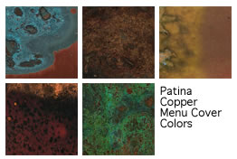 Patina genuine copper menu covers and their colors, from The Menucoverman.