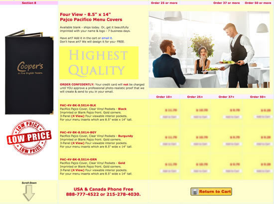 Pajco imprinted menu covers are your ultra low cost imprinted menu cover alternative.